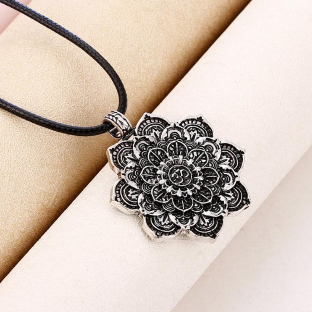 Mandala Lotus Flower of Life Faux Leather Chain Pendant Necklace